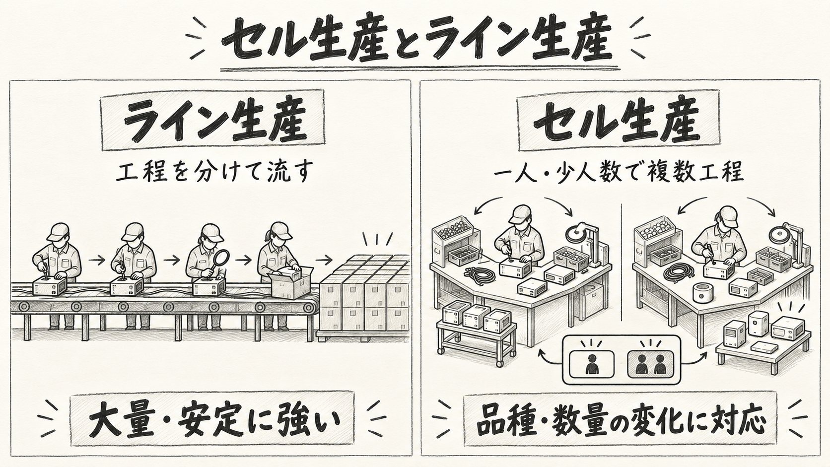 ライン生産では工程を分けて4人が流れ作業し、セル生産では一人または少人数が複数工程を担当する鉛筆画の比較図
