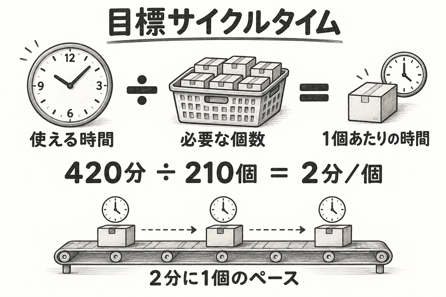 使える時間420分を必要数量210個で割ると2分毎に1個のペース