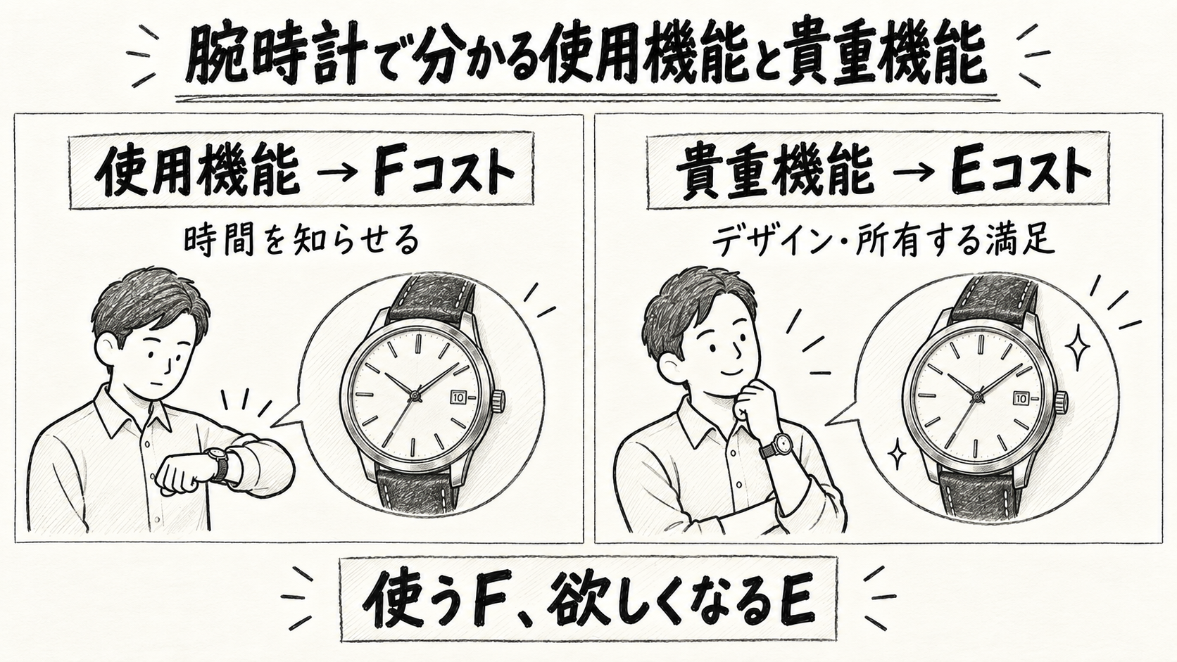 同じ腕時計で、時刻を確認する使用機能はFコスト、デザインや所有する満足を感じる貴重機能はEコストと示した鉛筆スケッチ。