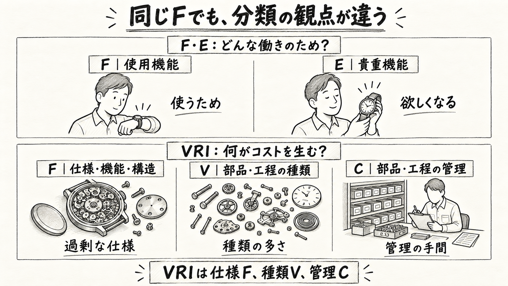 上段に使用機能Fと貴重機能E、下段にVRIの仕様・機能・構造F、種類V、管理Cを別枠で比較した鉛筆スケッチ。