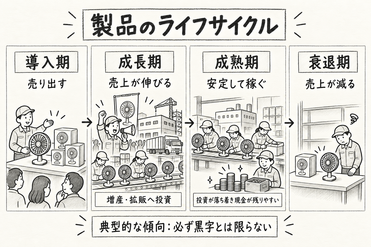 卓上扇風機を例に、導入期は売り出す、成長期は売上が伸び増産・拡販へ投資する、成熟期は投資が落ち着き現金が残りやすい、衰退期は売上が減るという4段階を示す。