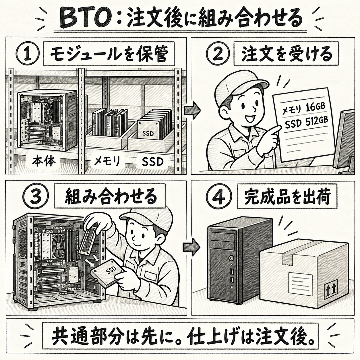 PC本体ユニット、メモリ、SSDを保管し、注文後に組み合わせて完成品を出荷するBTOの流れ